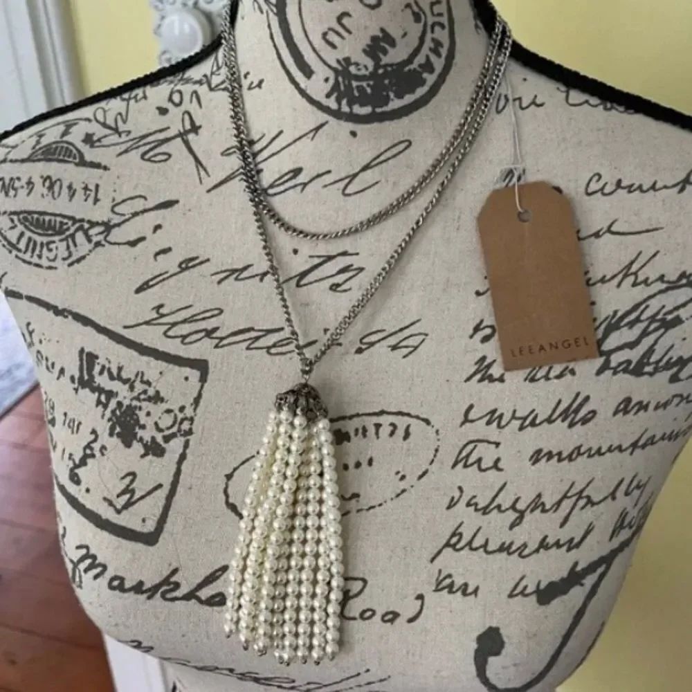 NWT *Lee Angel* Long Antique Silver Metallic Faux Pearl Fringe Pendant Necklace